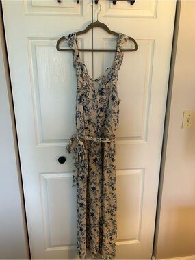 American Eagle Floral Ruffle Jumpsuit in Cream and Blue